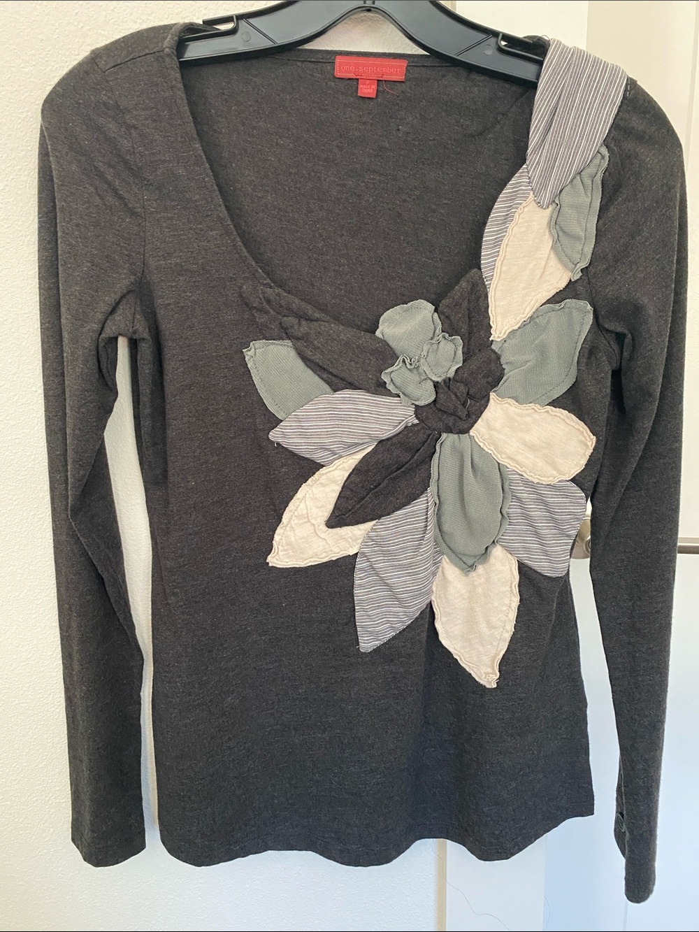 One September Charcoal Long-Sleeve V-Neck Top with Floral Appliqué